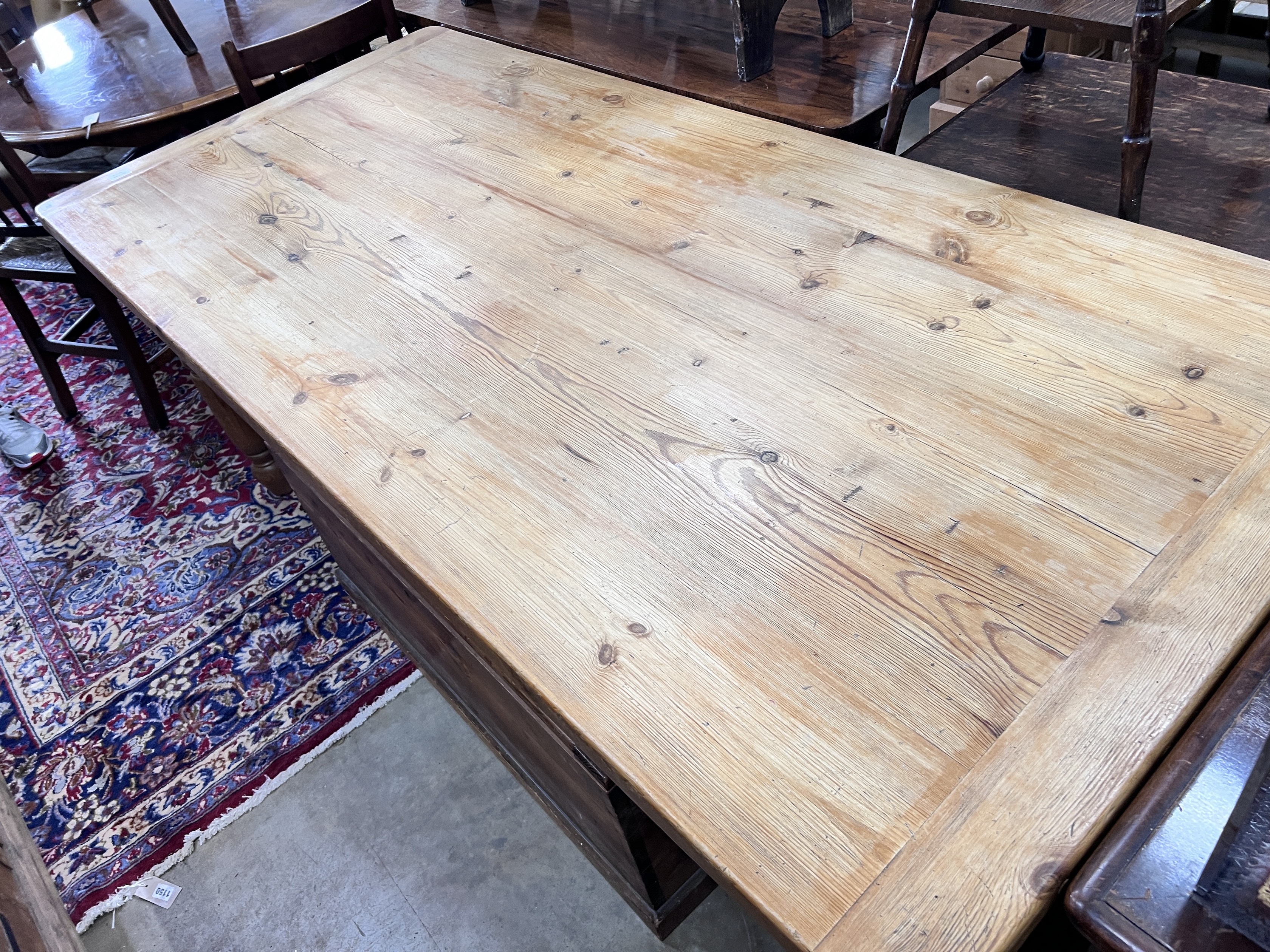 A Victorian style rectangular pine kitchen table, width 197cm, depth 90cm, height 75cm